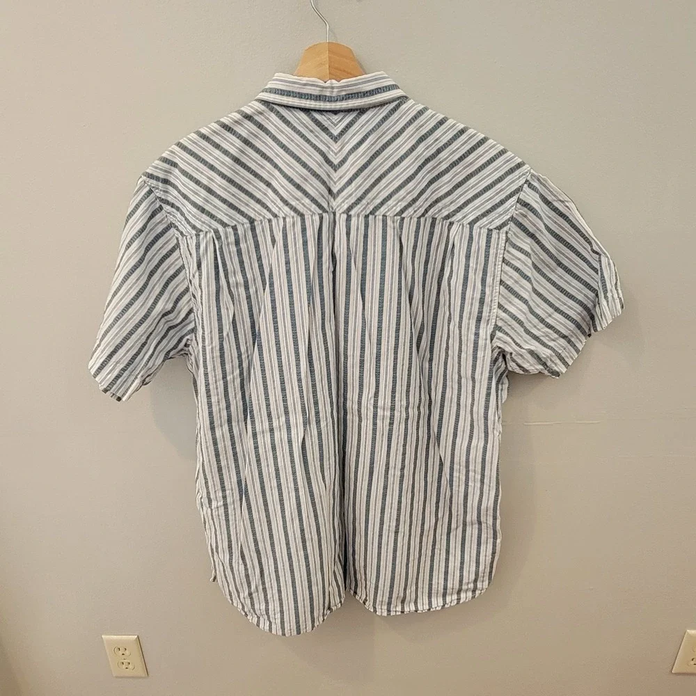 North Face Button Up Shirt Men's Size 2XL Blue White Striped Short Sleeve‎